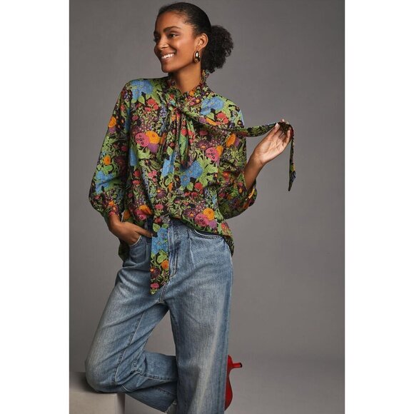 💕MILLE RESORT & TRAVEL ANTHROPOLOGIE💕 Blair Blouse ~ Tie Neck Green Motif XS - Picture 2 of 14